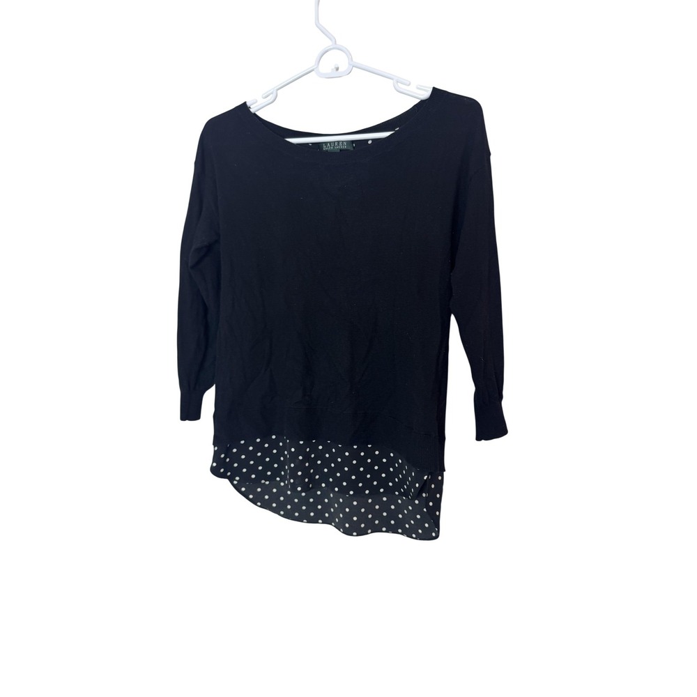 Lauren Ralph Lauren Sweater Womens XS Black Polka Dot Hem 3/4 Sleeve Knit